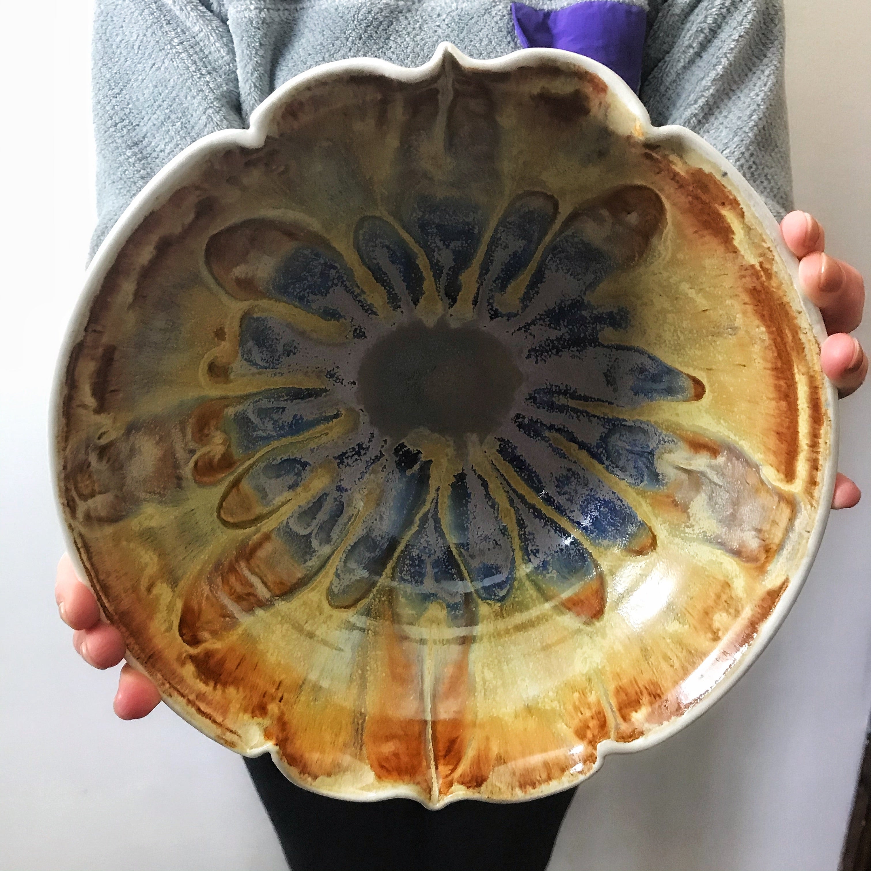ceramic serving bowl brown and purple crystalline glaze