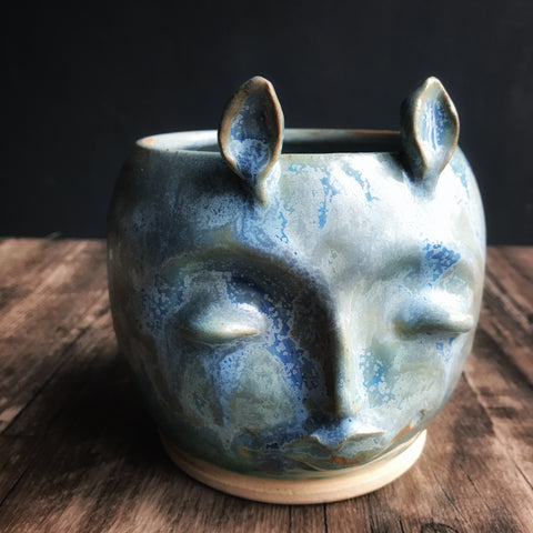Deer Woman planter with ears in Blue Ice glaze 5” H